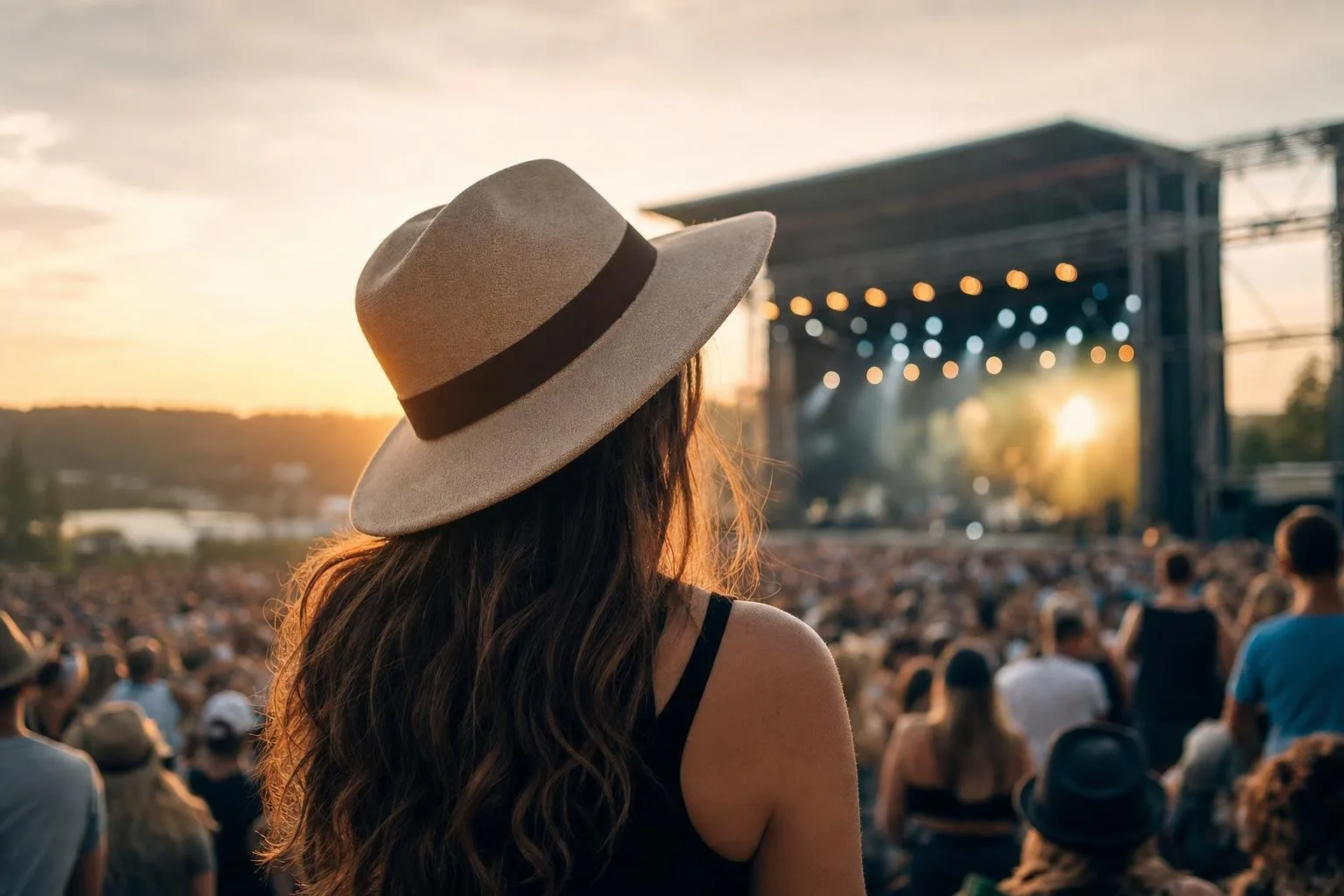 Festival crowd at dusk beneath rose-colored stage lights and string lanterns